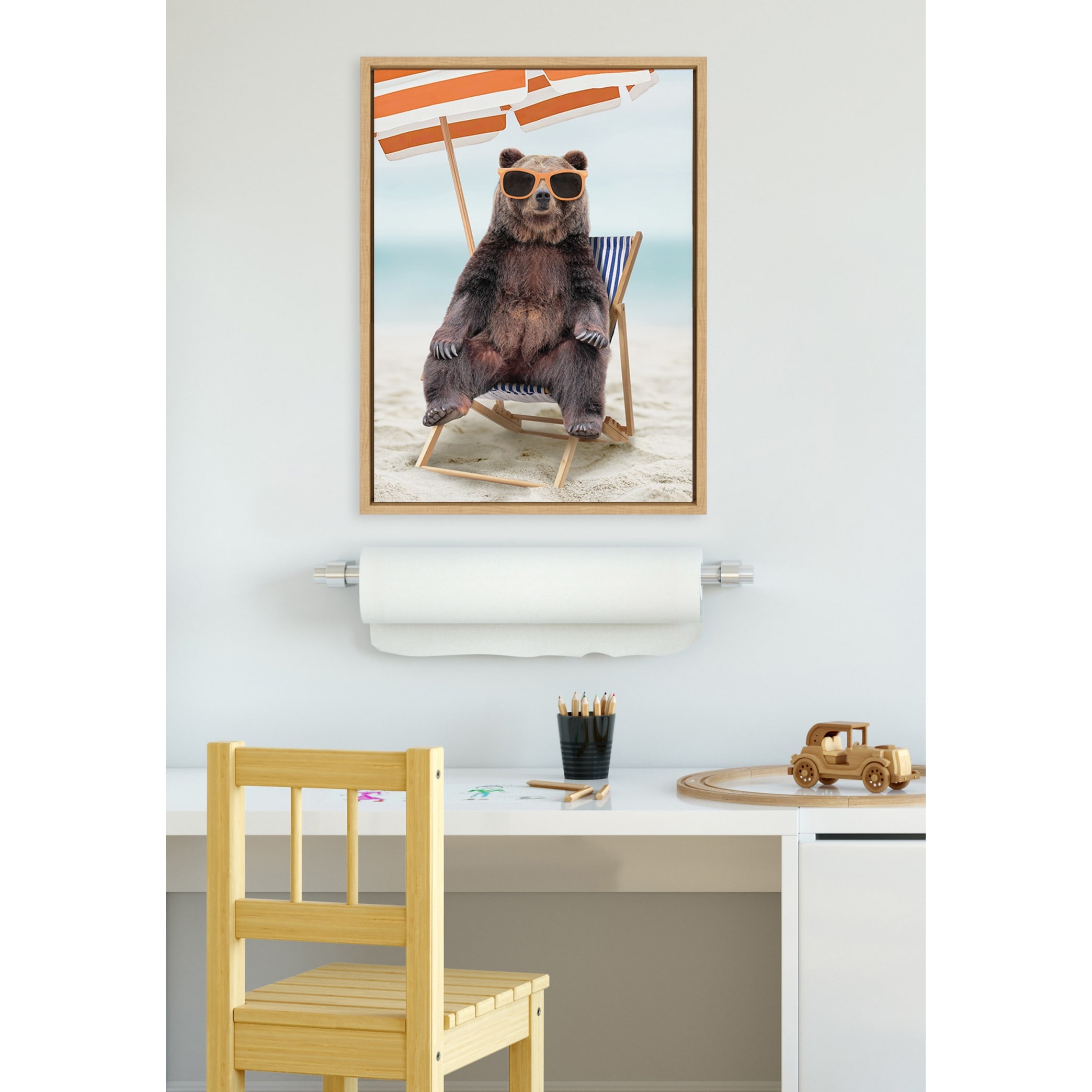 Kate and Laurel Sylvie Beach Chair Bear Framed Canvas by Amy Peterson