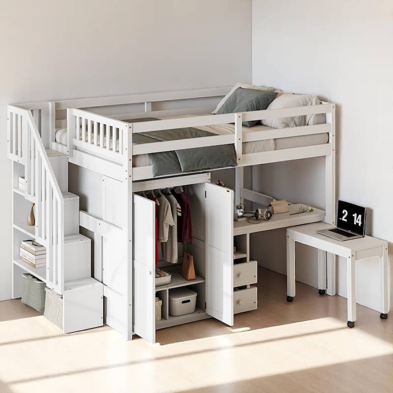 Twin/Full Size Loft Bed with Desk, Wardrobe, Drawers & Stairs, Wood Frame Study Bed with Storage for Kids/Teens - White - Full