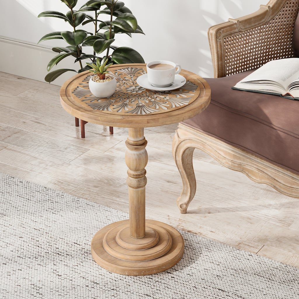 COZAYH Farmhouse Round Side Table with Carved Top, Rustic Pine Wood Pedestal Accent Table, Distressed Finish, Natural Wood