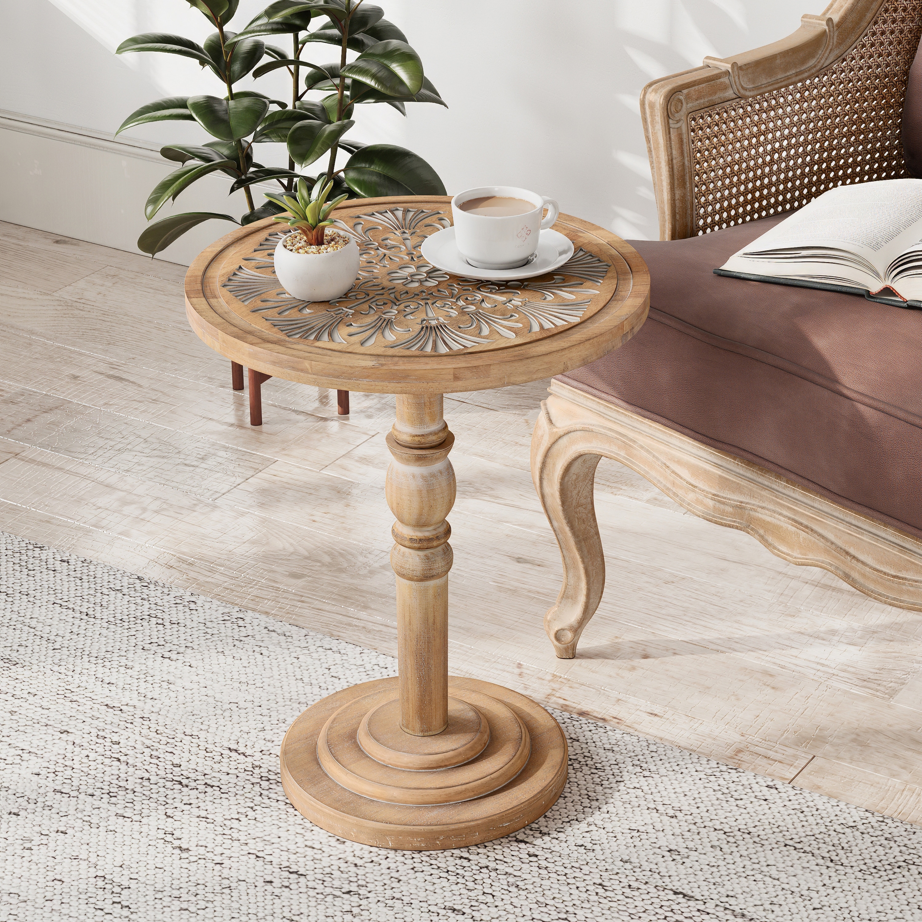 COZAYH Farmhouse Round Side Table with Carved Top, Rustic Pine Wood Pedestal Accent Table, Distressed Finish, Natural Wood