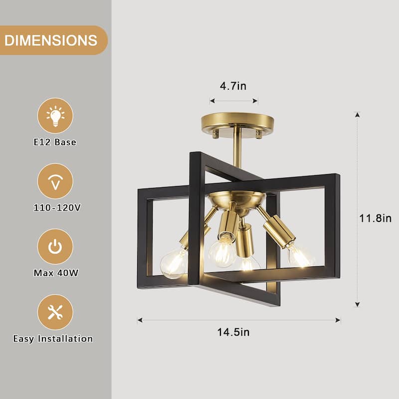 14.5-inch stylish metal semi-recessed 4-light ceiling lamp with horizontally rotating frame