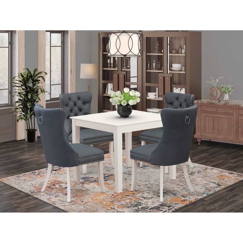5-Piece Linen White Finish Solid Wood Top - Square Upholstered Dining Room Set - Seats 4
