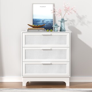 Anmytek White 3 Drawer Bedroom Dresser Modern Wood Rattan Chest of Drawers for Living Room