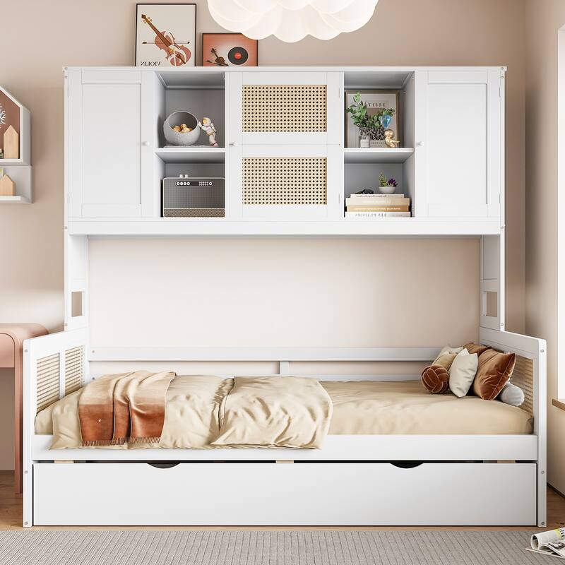 Wood Full Size Daybed with Built-In Storage Cabinet, Shelves & Twin Trundle, Rattan Accent, No Box Spring Needed - Twin White - Twin
