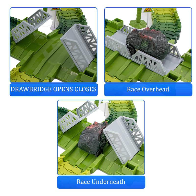 Magical Dino Twisting Race Track -Tunnel, Drawbridge & Bridge Flexible Bending Race Tracks w/ 2 Race Track Slot Car Toy - 196 pc