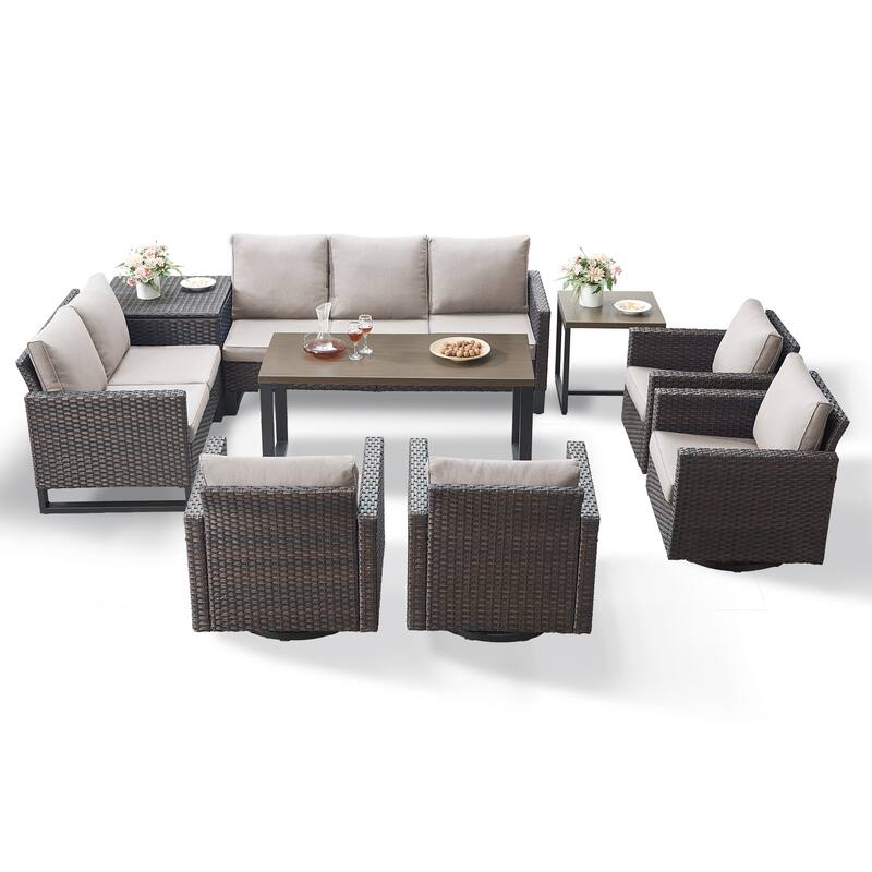 Gymojoy 9 Person Outdoor Courtyard Wicker Family Conversation Set Group With Swivel Chairs And Storage