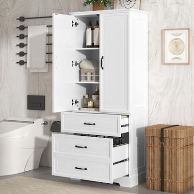 Tall Bathroom Storage Cabinets, Freestanding Floor Cabinet with 2 Door and 3 Drawers Adjustable Shelf Large Linen Cabinet