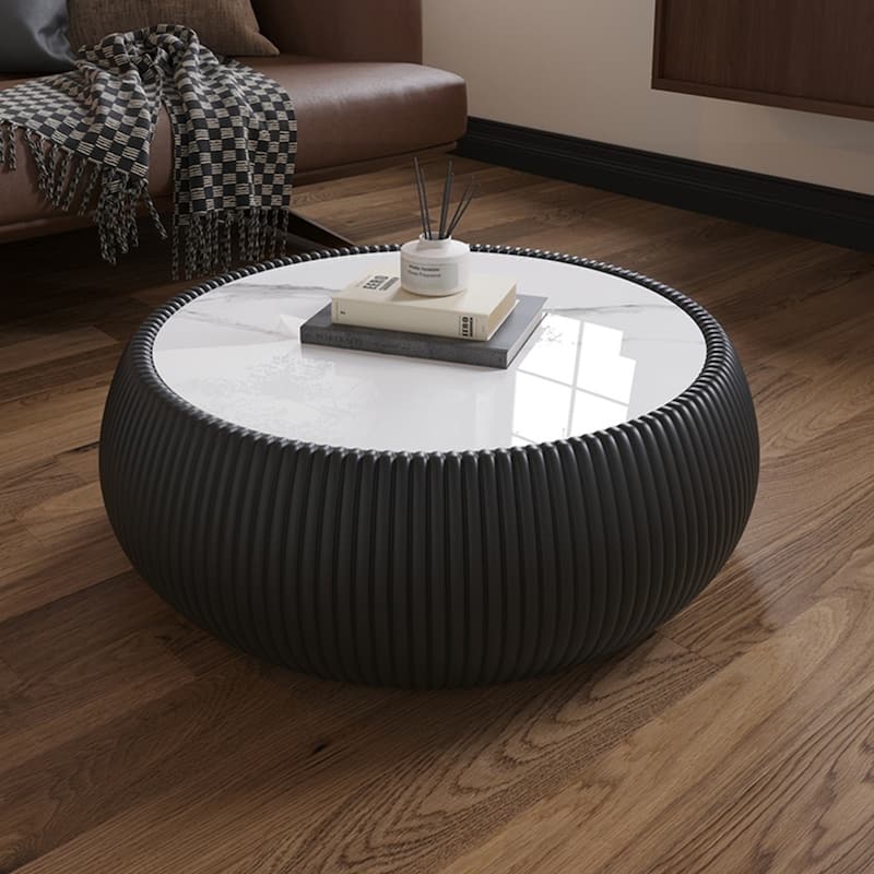 27.55" Modern Drum-shaped Marble Top Coffee Table with Microfiber Leather