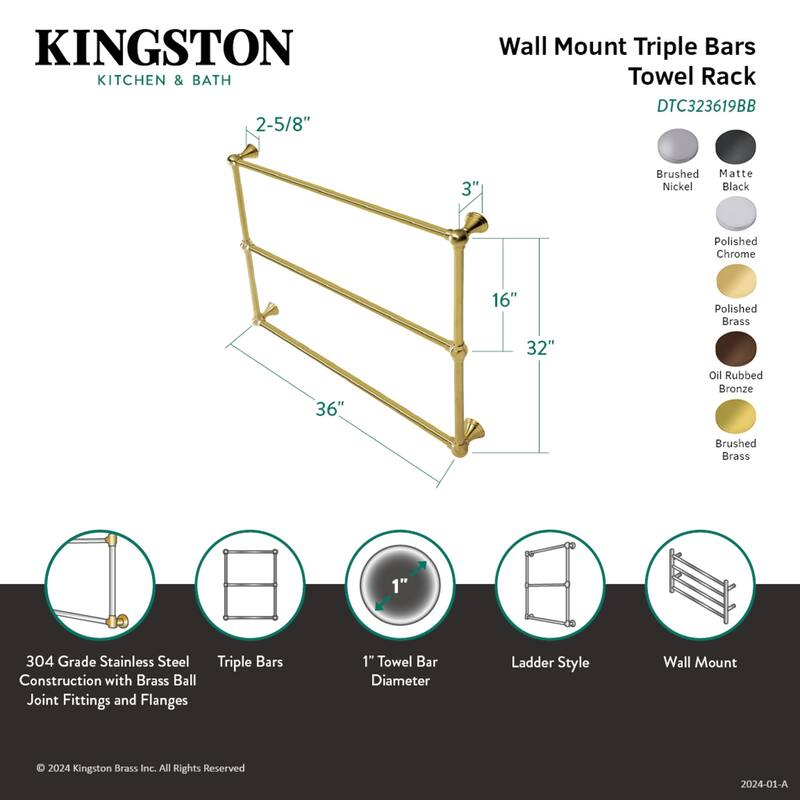 Kingston Brass Maximilien 36-Inch Wall Mount 3-Bar Towel Rack