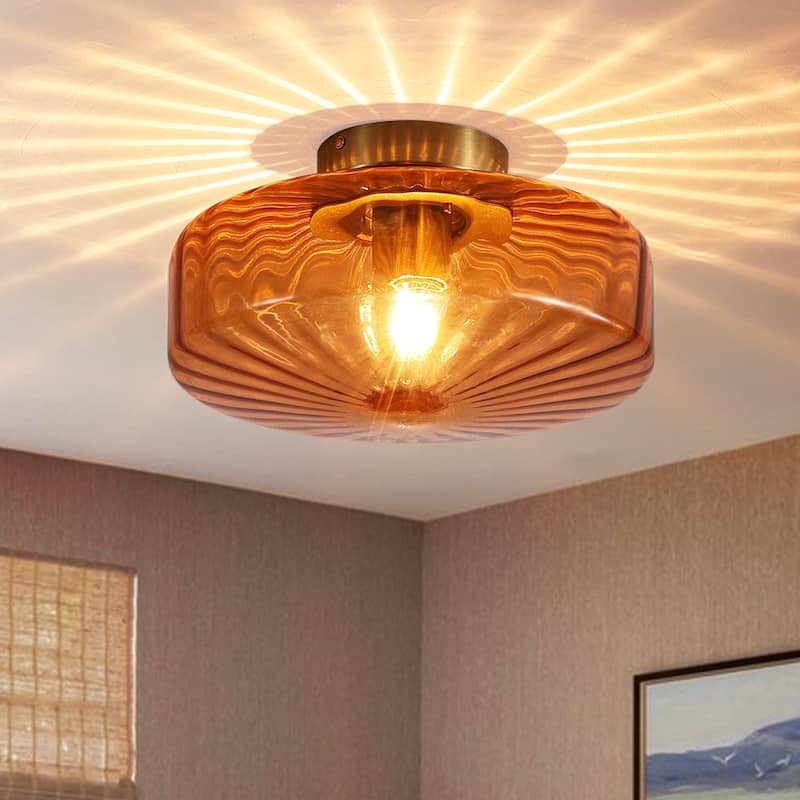 Brown Amber Ribbed Glass Shade Semi Flush Mount Ceiling Light
