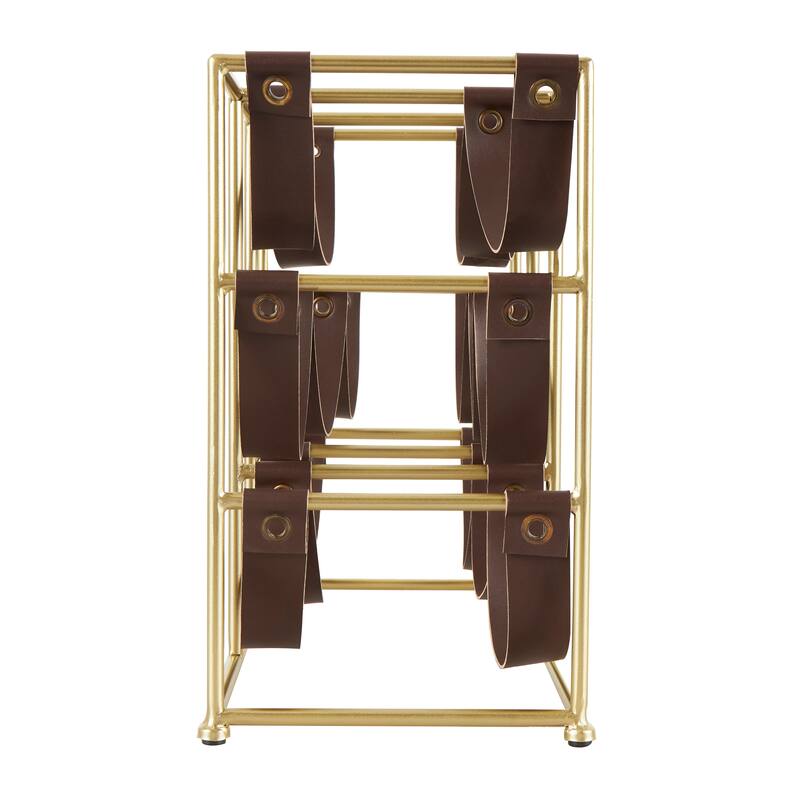 Gold Metal Wine Rack with Faux Leather Holding Straps