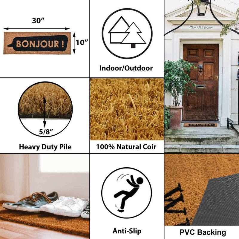 Long Front Door Mat Bonjour Rug 30x10 Black