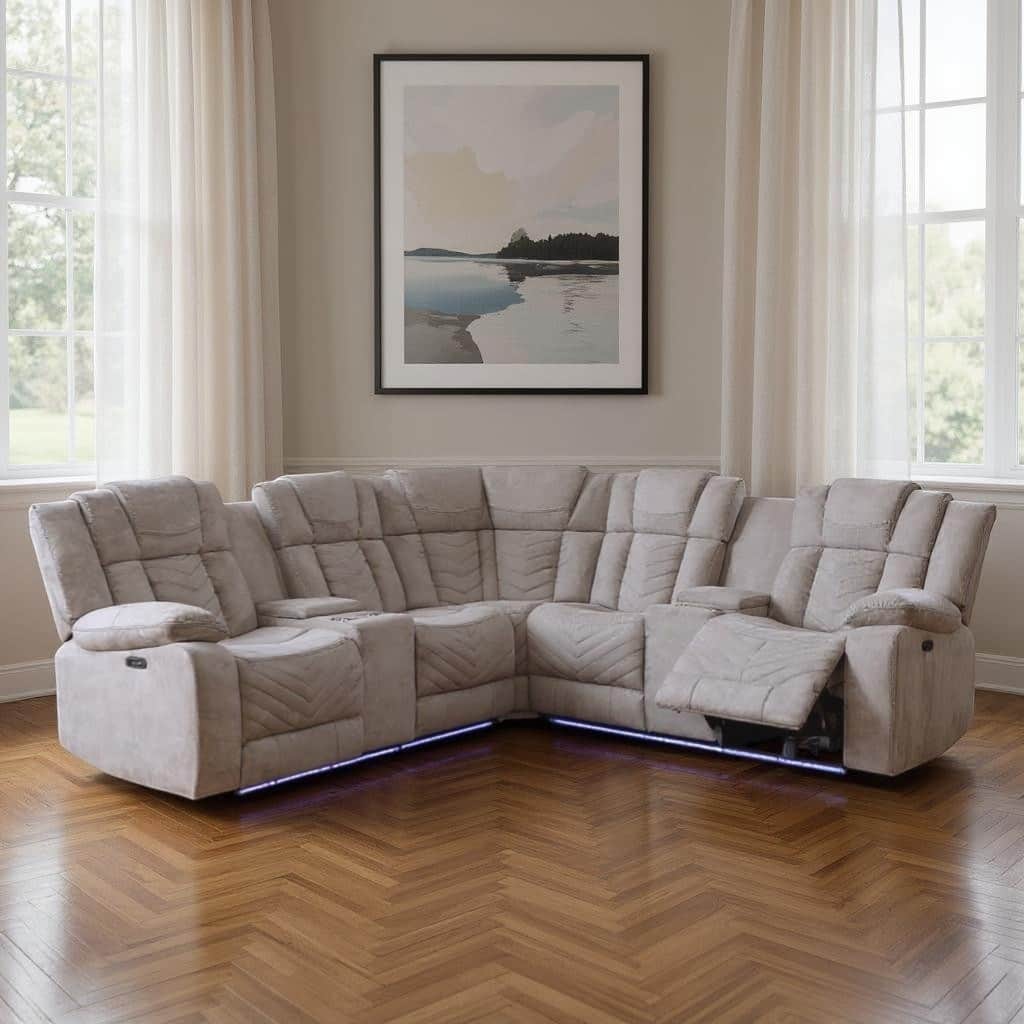 HomeRoots Light Gray Fabric Power Reclining Curved Corner Sectional With Console