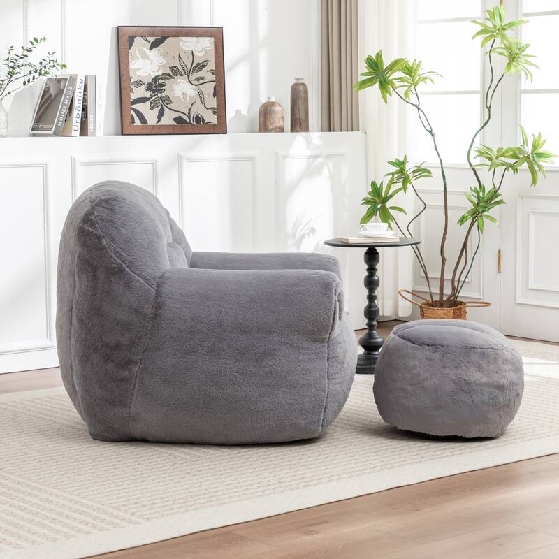 Faux Fur Bean Bag Chair with Back Support & Footstool - Comfy Floor Sofa for Adults & Kids, Living Room, Bedroom (2 Options)