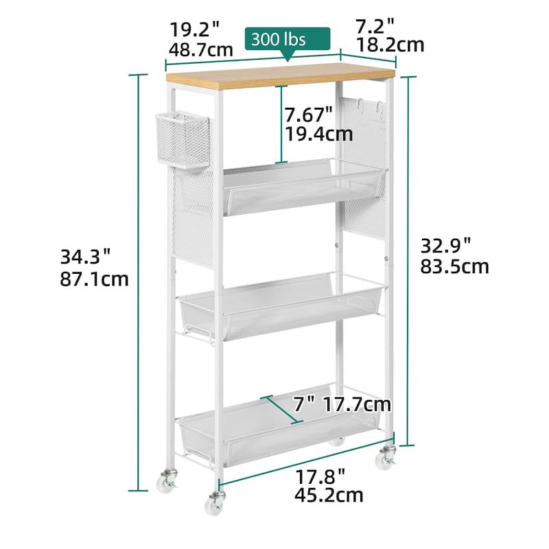 Moasis Wood Rolling Kitchen Cart with Wooden Tabletop and Mesh Baskets