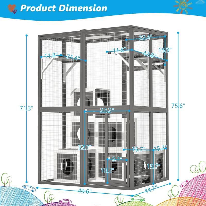 Outdoor Wooden Cat Catio - Large Walk-In Playpen with 2 Platforms & 7 Napping Houses, Grey