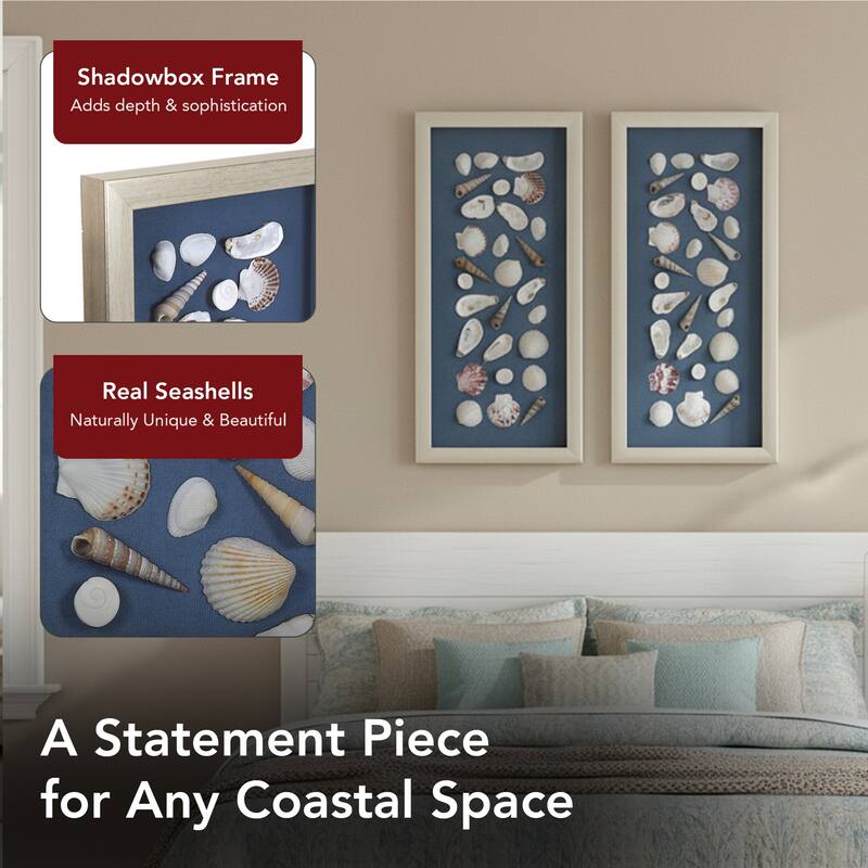 American Art Decor 2-Piece Coastal Seashell & Sea Glass Shadowbox Framed Wall Art Set