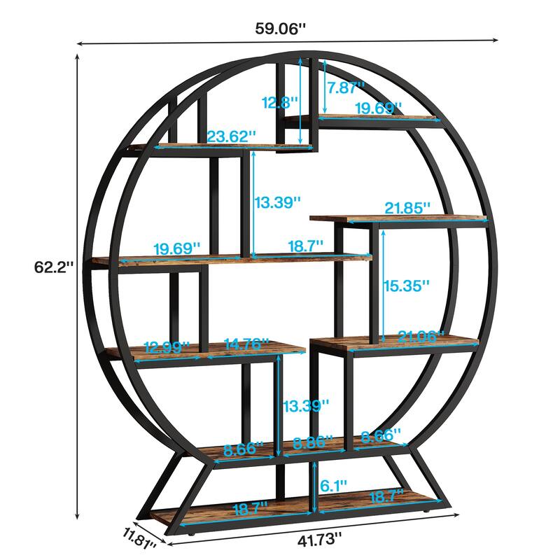 Industrial Round Bookshelf with 14 Shelving Units, Retro Organizer Rack Display Shelf - 59.06" L x 11.81" W x 62.99" H