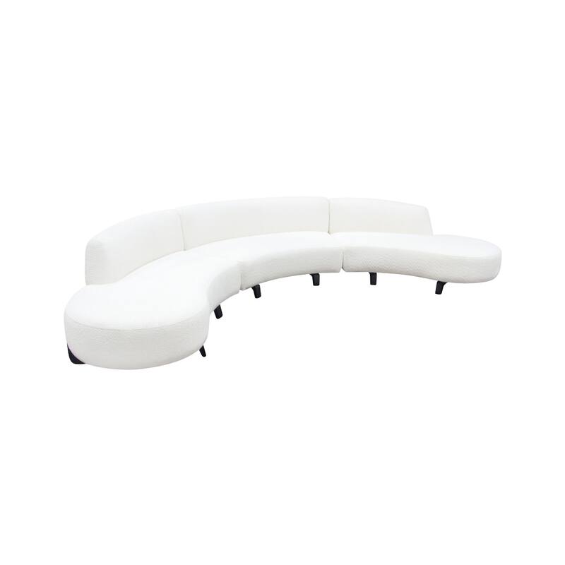 Ikka 3pc Modular Curved Sofa w Chaise, White Faux Shearling, Black Wood