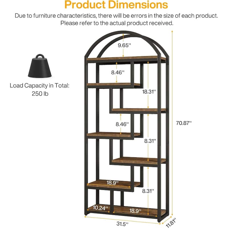 71" Tall Arched Bookshelf, Etagere Bookcase with Open Display Shelves