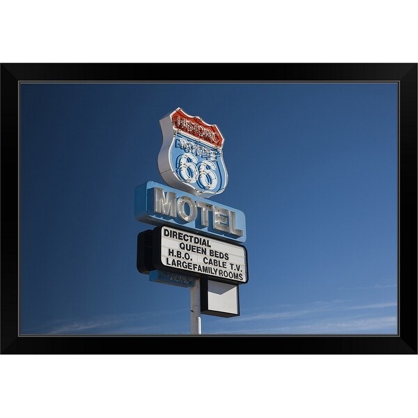 "Low angle view of a motel sign, Route 66, Seligman, Yavapai County, Arizona" Black Framed Print