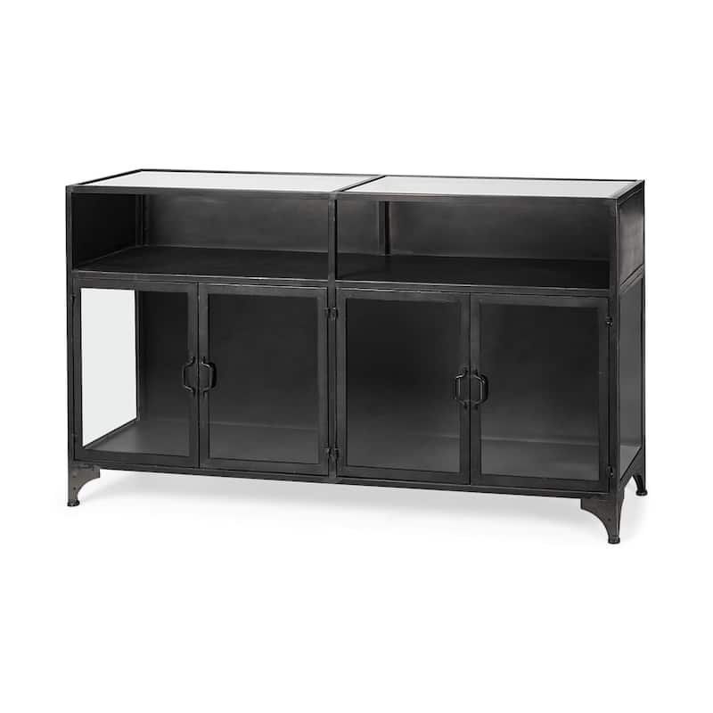 HomeRoots 63" Black Glass and Metal Display Cabinet With Four Doors