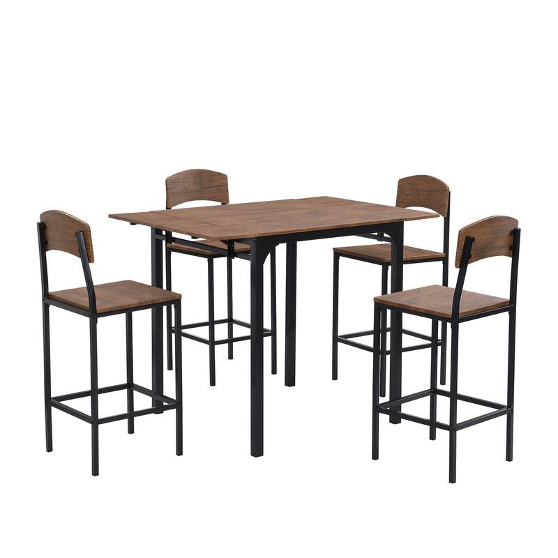 Metal Frame Kitchen Set Drop Leaf Dining Table Set with 4 Chairs