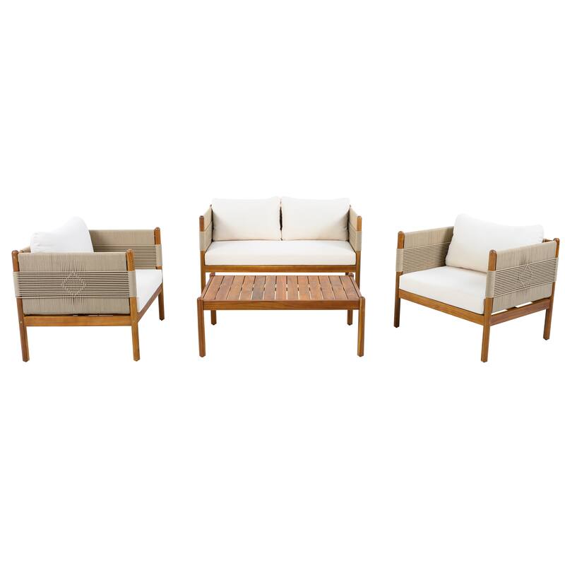 Christopher Knight Home - Outdoor 4-Piece Sofa Set with Acacia Wood Loveseat, Club Chairs & Coffee Table, Handwoven Rope Accents - Teak Finish+Beige Rope+Cream Cushion