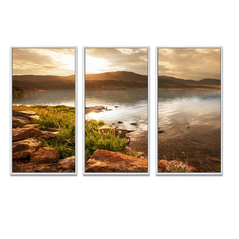 Designart "Beautiful Lake with Rocky Shore" Landscape Framed Art Prints