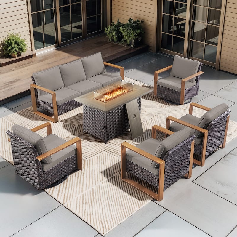 Pocassy Fire Pit Table with Outdoor Sofa Chair Ottoman Set - Brown Wicker Gray Cushion - 6-Piece Sofa Chair with Fire Table