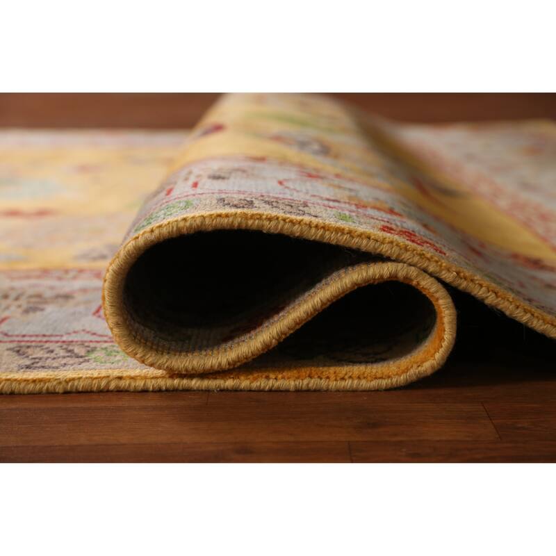 Floral Yellow Heriz Serapi Indian Area Rug Hand-Knotted Wool Carpet - 7'9" x 9'11"
