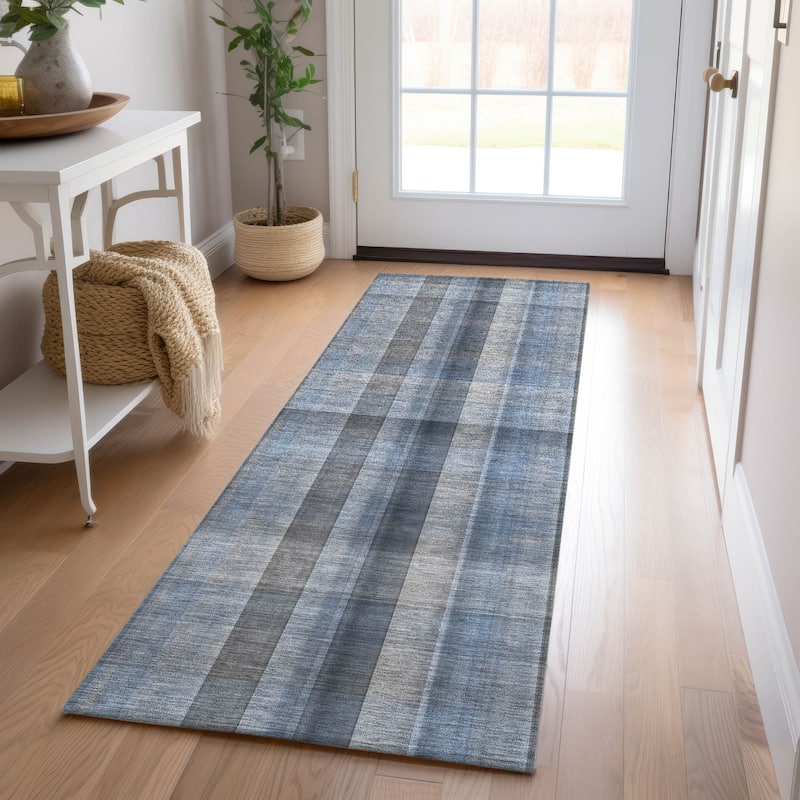 Machine Washable Indoor/ Outdoor Modern Plaid Chantille Rug - Blue - 2'3" x 7'6"