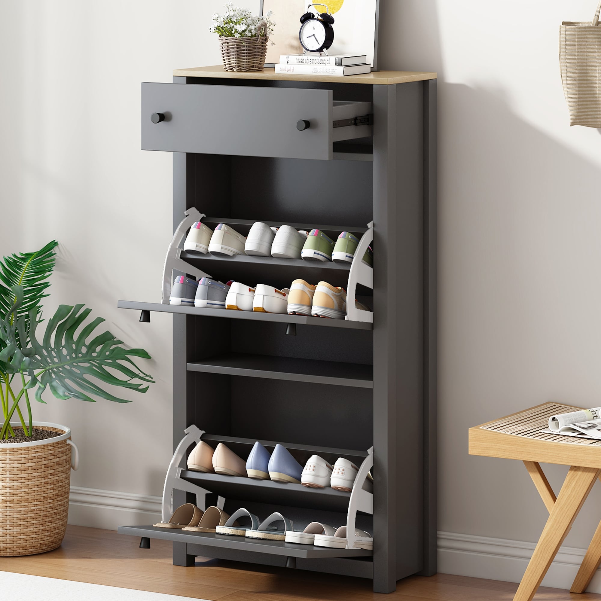 Functional Entryway Organizer with 2 Flip Drawers, Wood Grain