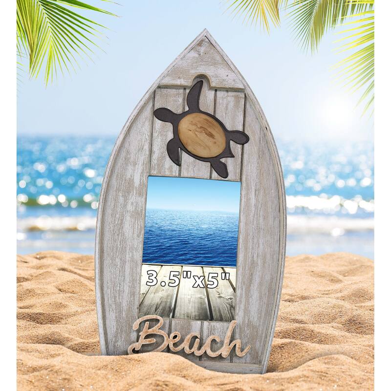 CoTa Global Grey Distressed Wood Coastal Sea Turtle Boat 3.5X5 Frame - 11 inches