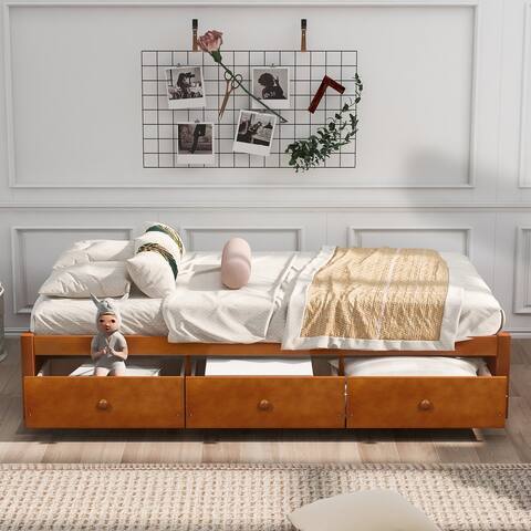 Twin Size Platform Bed Daybed with 3 Storage Drawers,Oak