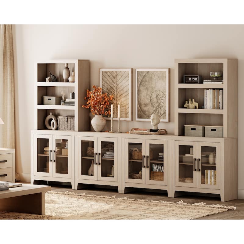 WAMPAT Farmhouse Entertainment Center with Bookshelves, Modular TV Stand with Storage Cabinets & Glass Doors