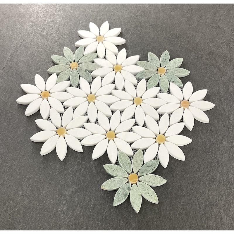 Natural Marble Daisy Flower Pattern Mosaic Wall & Floor Tile - 1 Case (10 Sheets)