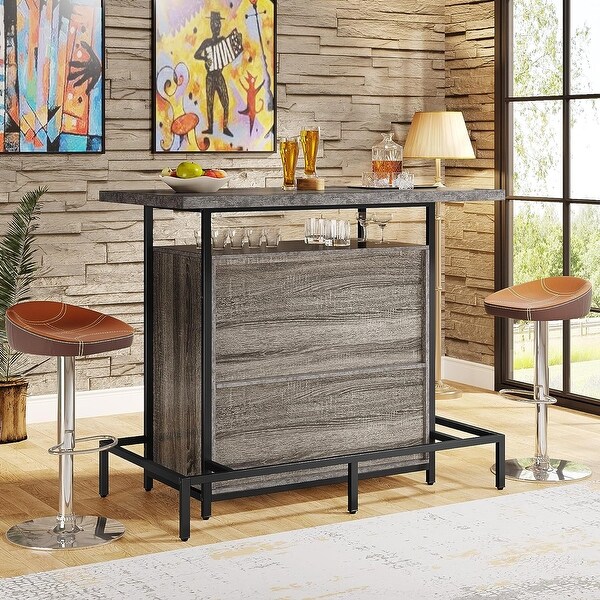 Home Bar Unit, Industrial 3-Tier Liquor Bar Table with Glasses