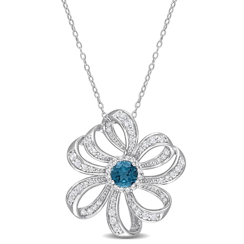 Miadora 2 1/4ct TGW London Blue Topaz White Topaz Flower Necklace Sterling Silver