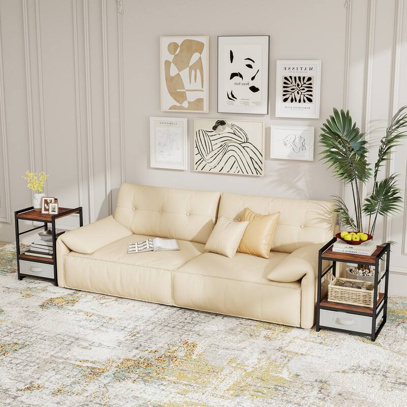 Rustic Brown Side End Table with Grey Drawer and Shelf Metal Frame for Bedroom or Living Room - 16" x 16" x 24"