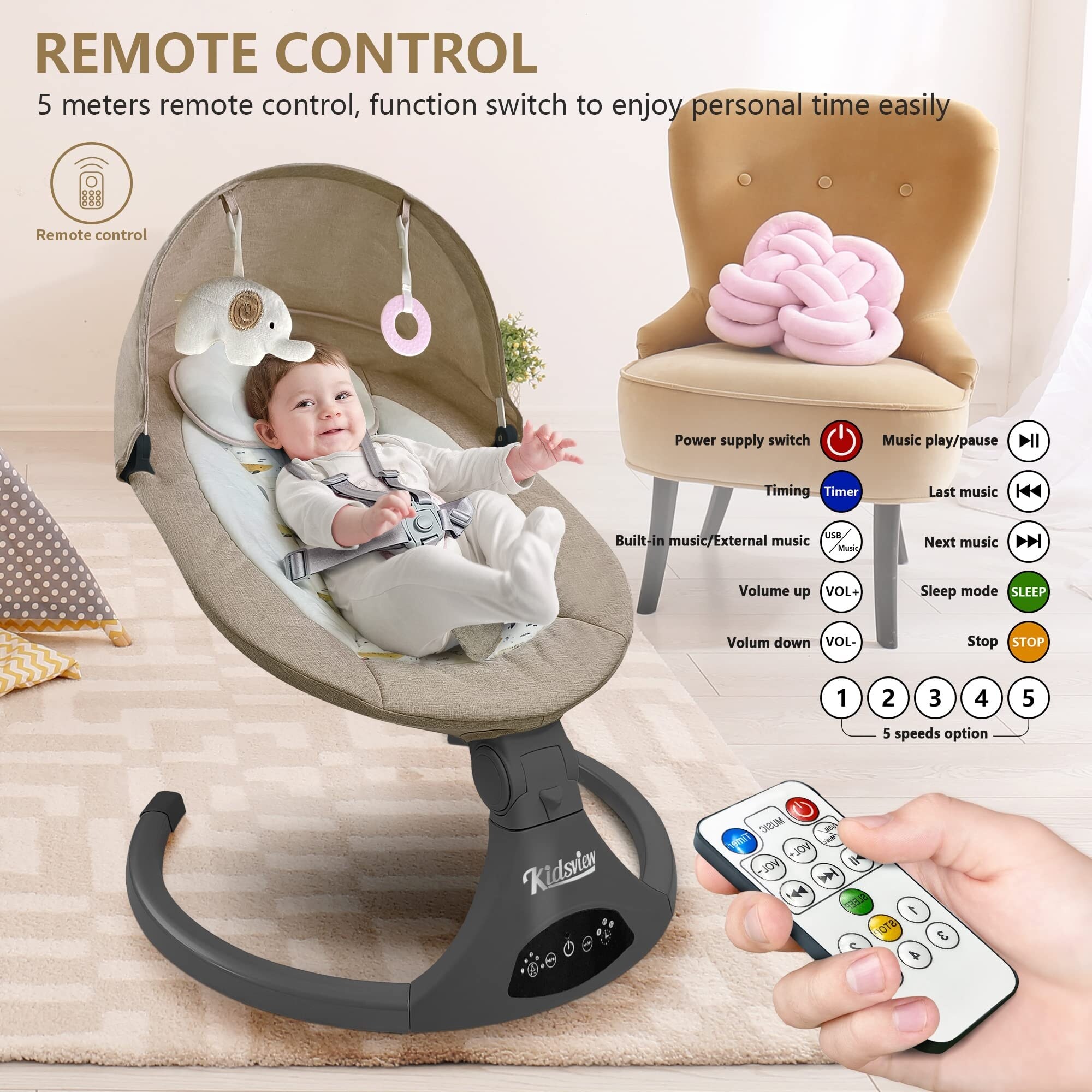 Bluetooth Baby Swing for Infants, 5 Speed Electric Baby