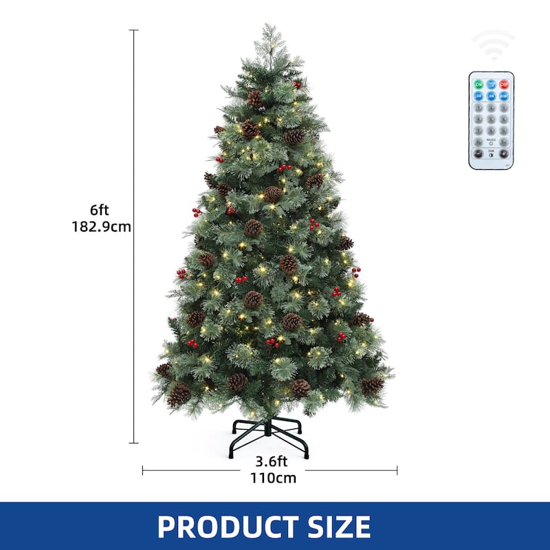 6/7.5ft Prelit Artificial Carolina Pine Christmas Tree with Remote, Green Artificial Hinged Christmas Tree w/ 1200 Mixed Tips