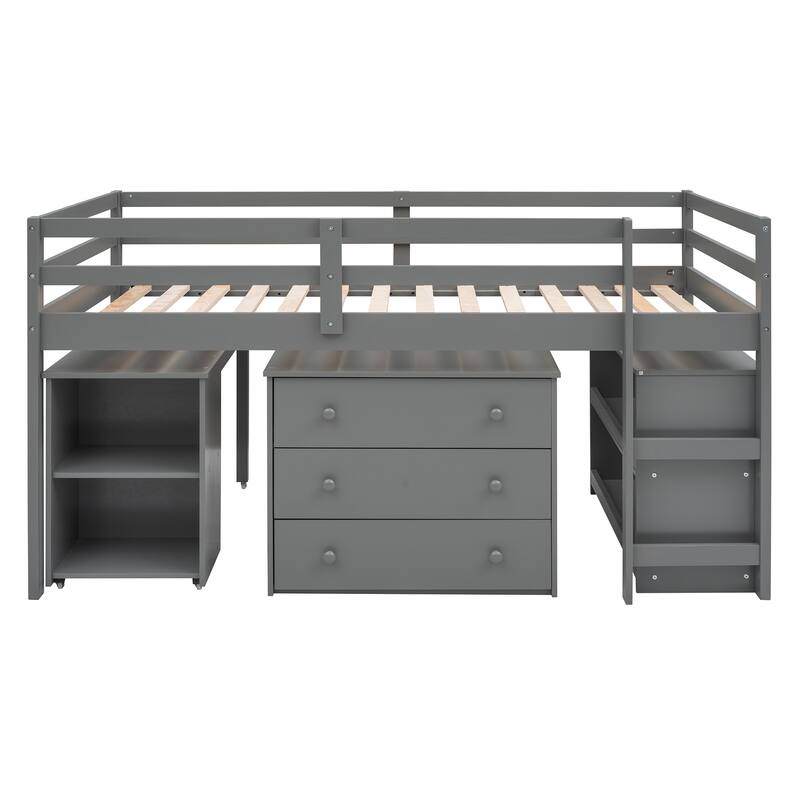 Gray Multiple Functions Twin Low Loft Bed with Cabinet, Shelves and Rolling Portable Desk
