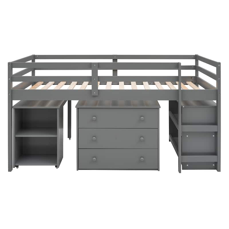 Low Loft Bed with Cabinet Shelves and Rolling Portable Desk