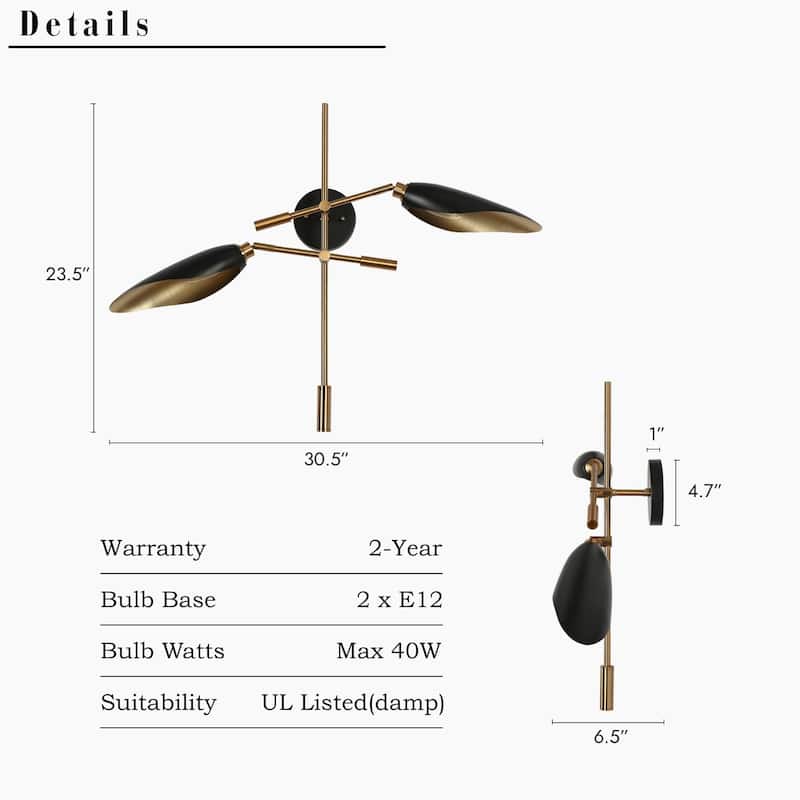 2-Light Modern Black Gold Large Wall Sconces Metal Bathroom Vanity Lights - 30.5" L x 6.5" W x 23.5" H