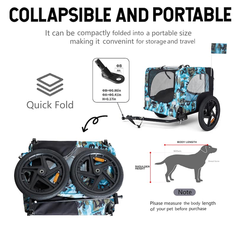 Heavy Duty Collapsible Pet Bike Trailer with 16" Wheels, Foldable Dog Bicycle Carrier Cart with Hitch & Reflectors
