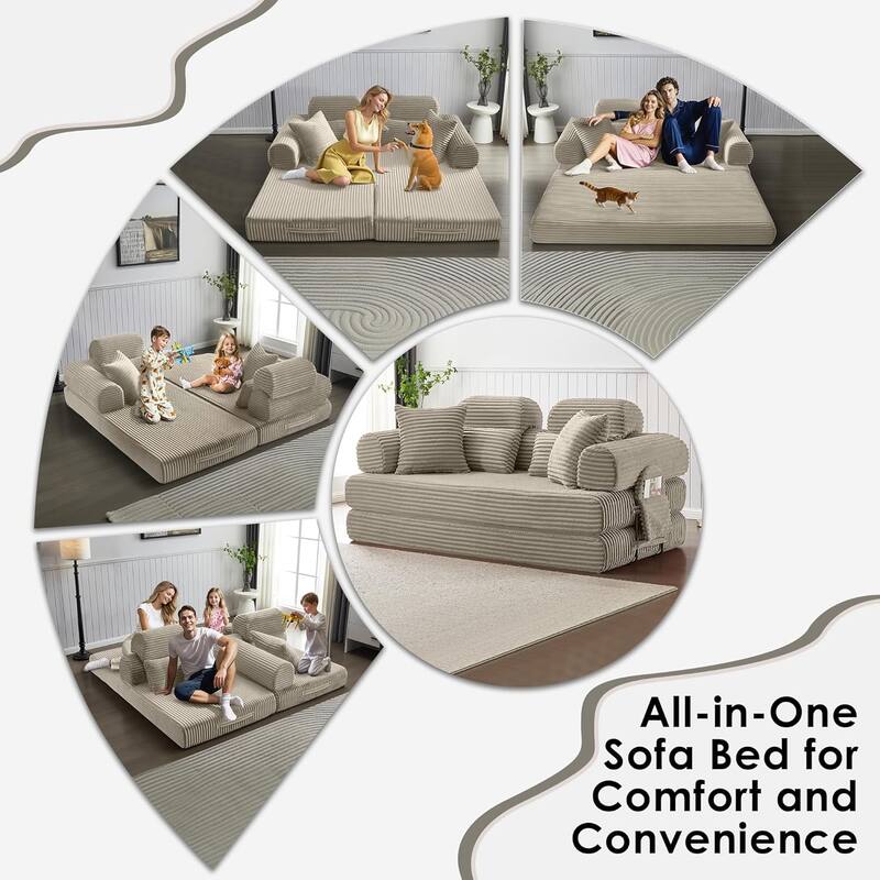 Convertible Sleeper Sofa Bed, 78.5" Corduroy Foldable Loveseat Sofa, King Size Floor Mattress Couch, No Assembly Required