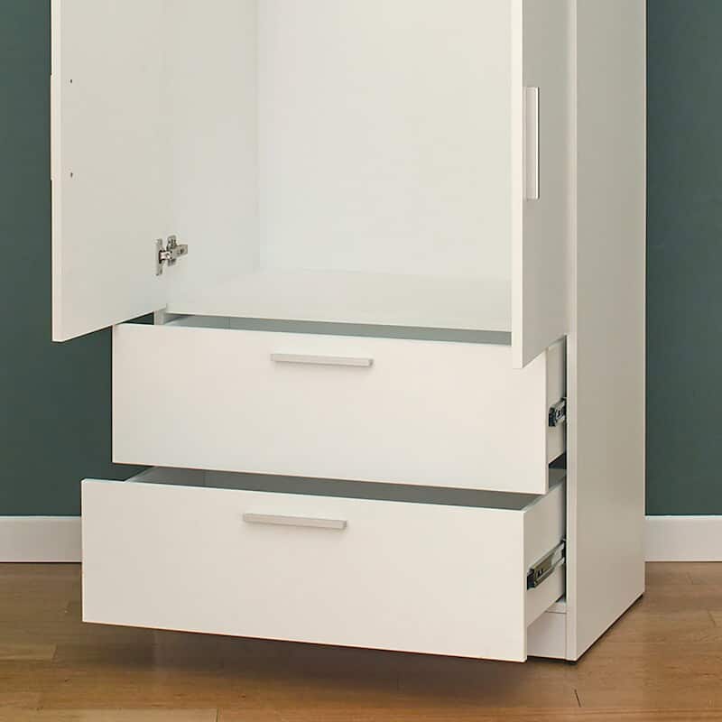 Emma Two-Door Wood Closet with Two Drawers and Hanging Bars in White - 78.7"H x 31.5"W x 21.7"D