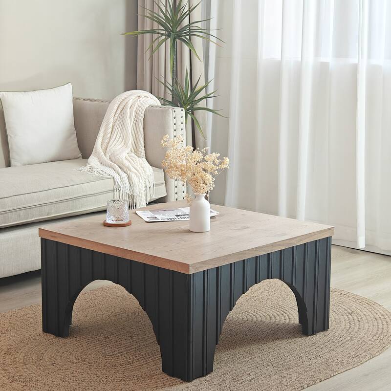 Roomfitters Rustic Square Coffee Table with Arched Base, Black and Natural