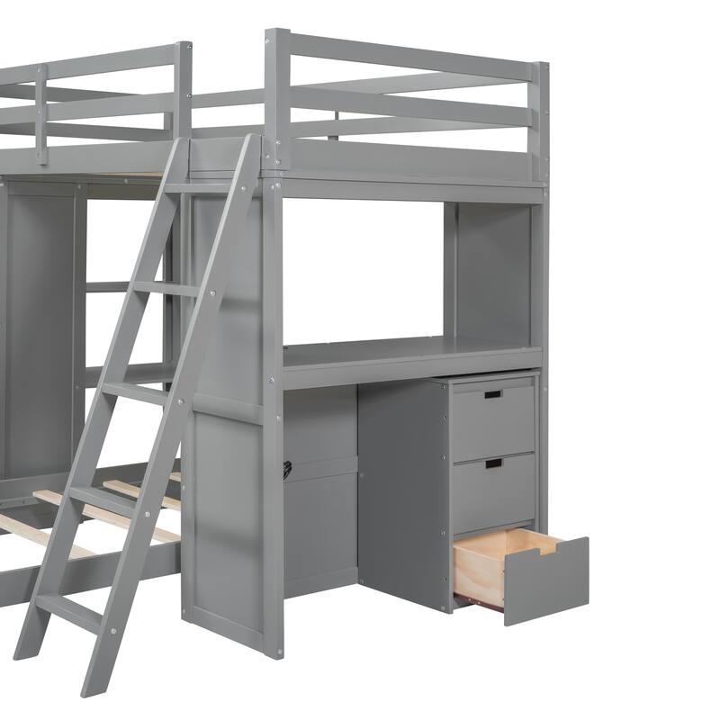 Gray Twin Over Twin Bunk Bed with LED Light, USB Ports, and Storage
